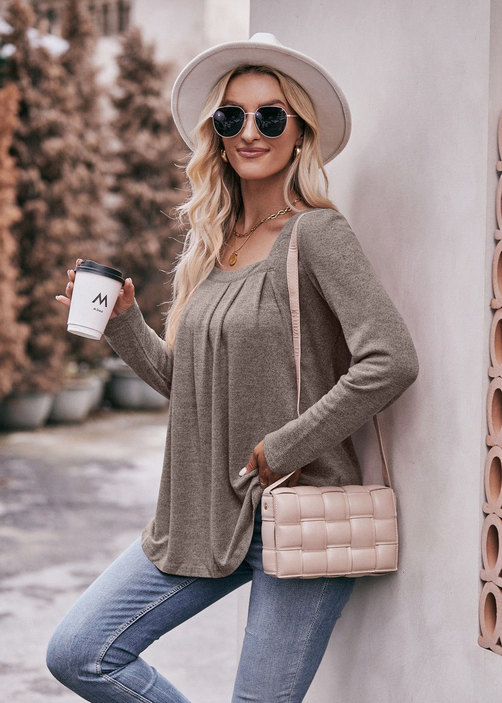 Square Neck Pleated Long Sleeve Top for Women