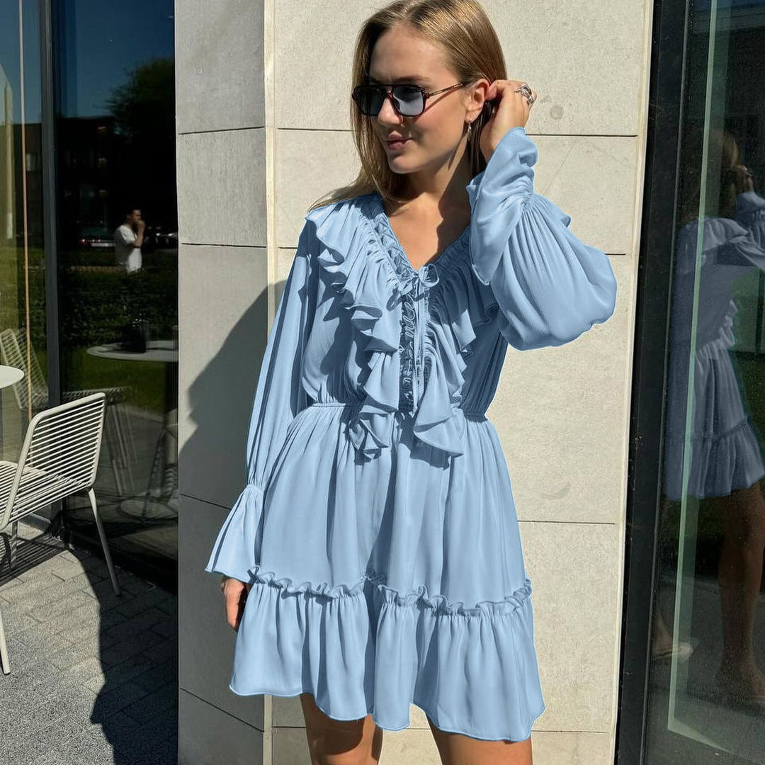 Women's V-Neck Ruffle Bell Sleeve Tie Front Mini Dress