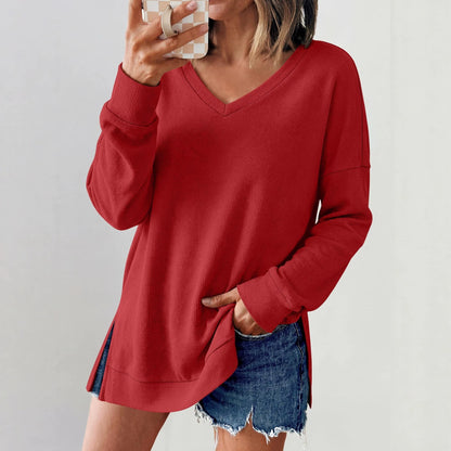 Waffle Knit Top V Neck Side Slit Relaxed Fit