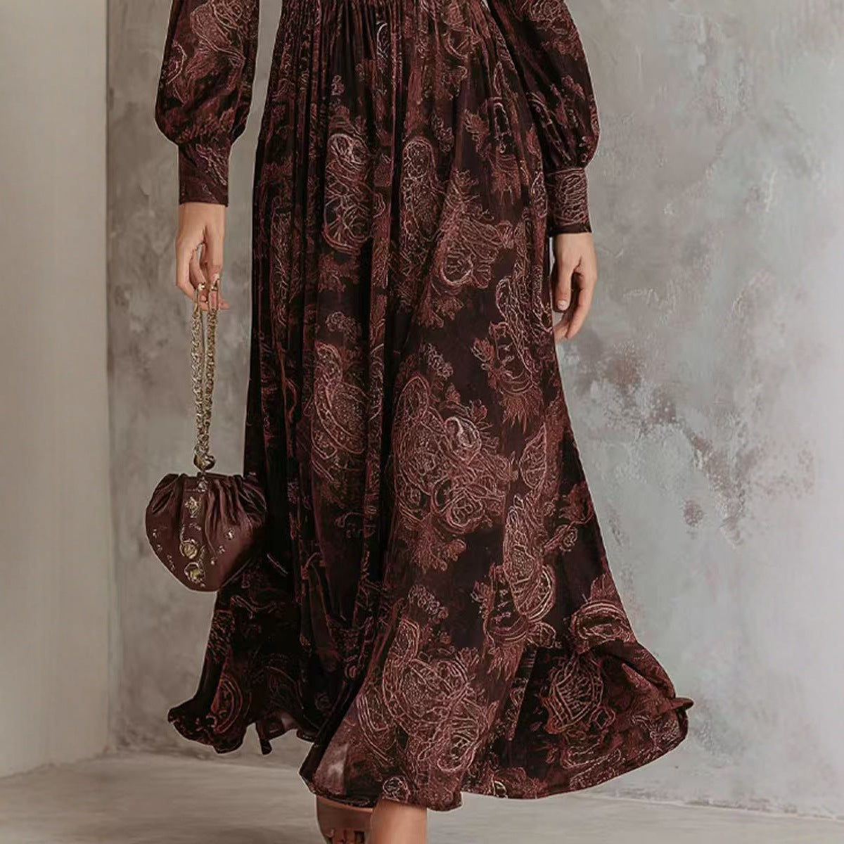 Women's Vintage Paisley V-Neck Puff Sleeve Maxi Dress