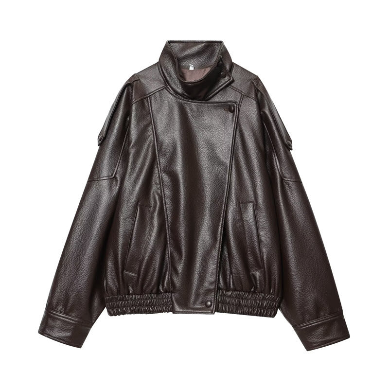 Womens Oversized Faux Leather Moto Jacket Streetwear