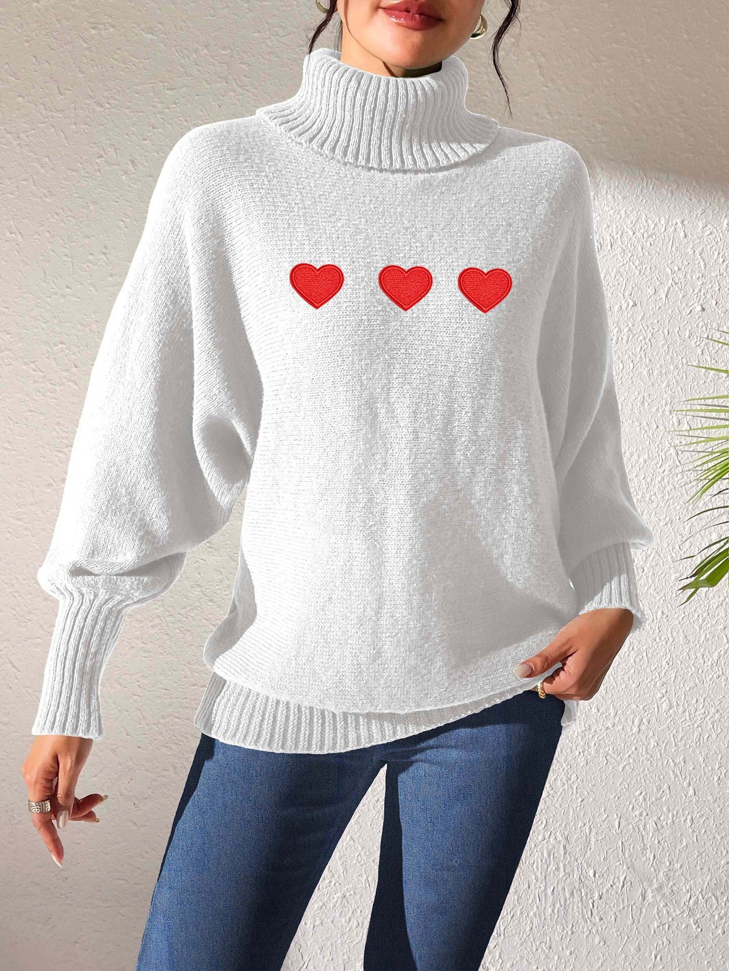 Women's Bottoming Shirt Solid Color Simple Top Love Sticker Turtleneck Sweater