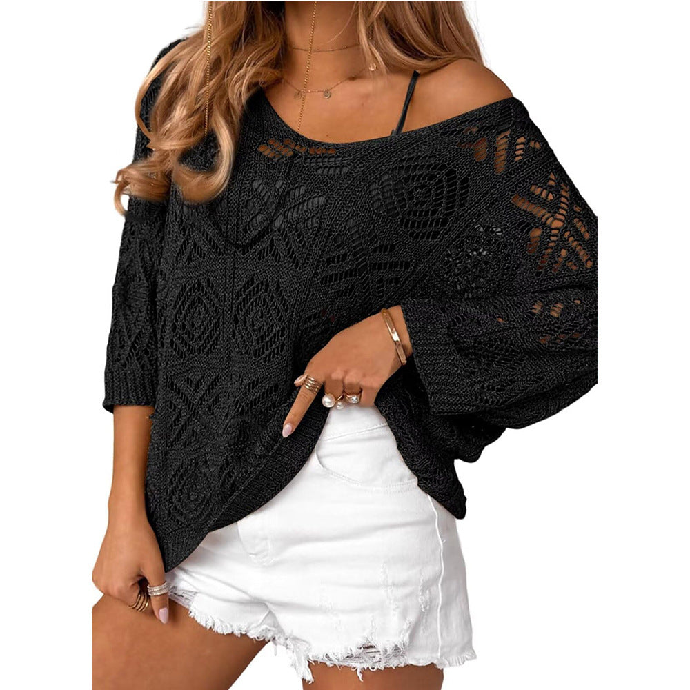 Boho Crochet Cover Up V Neck Beach Knit Sweater