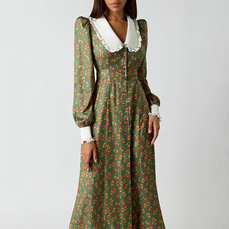 Floral Maxi Dress Long Sleeve Peter Pan Collar Button Front