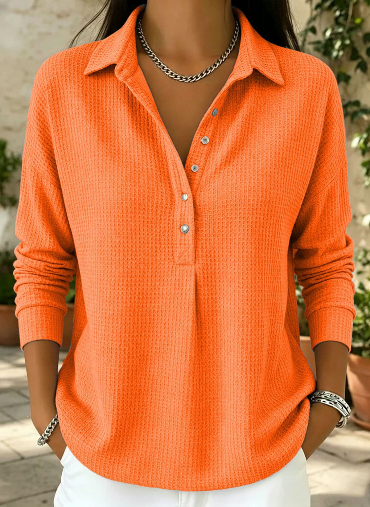 Women's Oversized Waffle Knit Collared Button Down Shirt