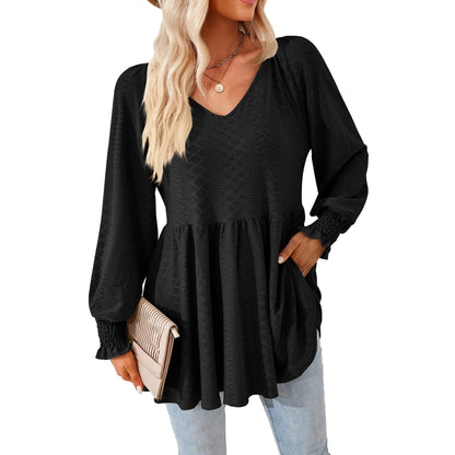 Women's V Neck Long Sleeve Textured Babydoll Tunic Top