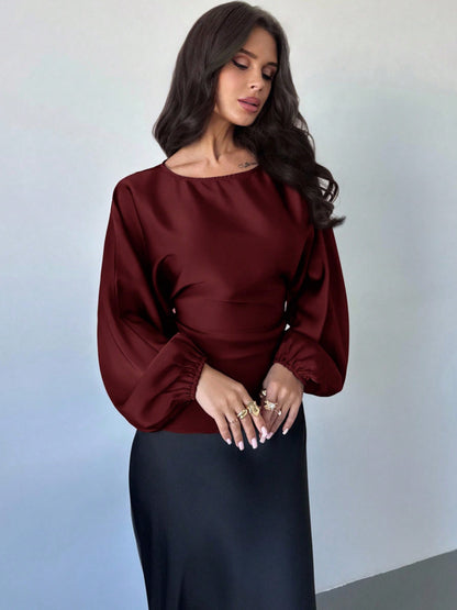 Satin Batwing Blouse Round Neck Tie Waist Top