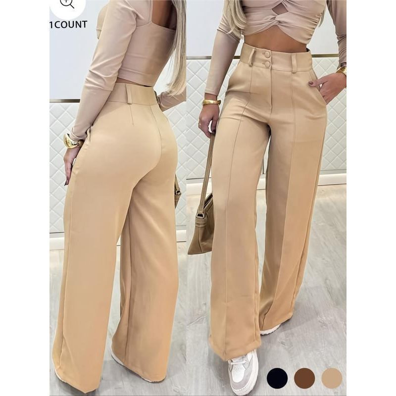 High Waist Wide Leg Pants Double Button Casual Trousers