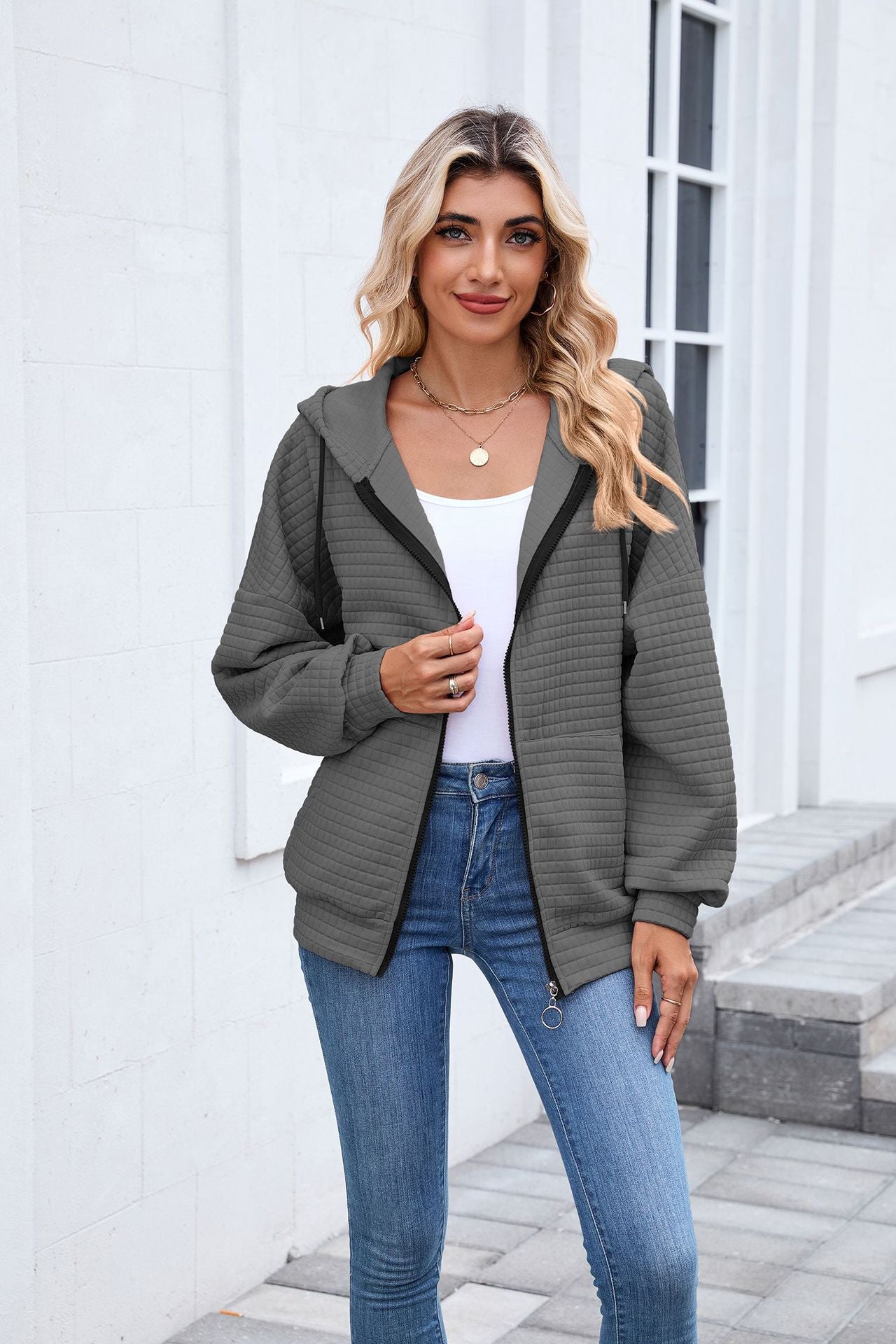 Quilted Zip Up Hooded Jacket Hoodie with Pockets