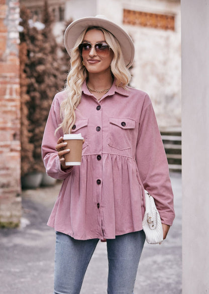 Casual Corduroy Babydoll Shirt Vintage-Inspired Top