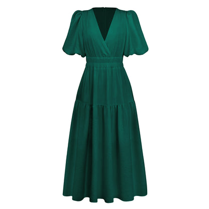V-Neck Bubble Sleeve Holiday Dress American Fashion