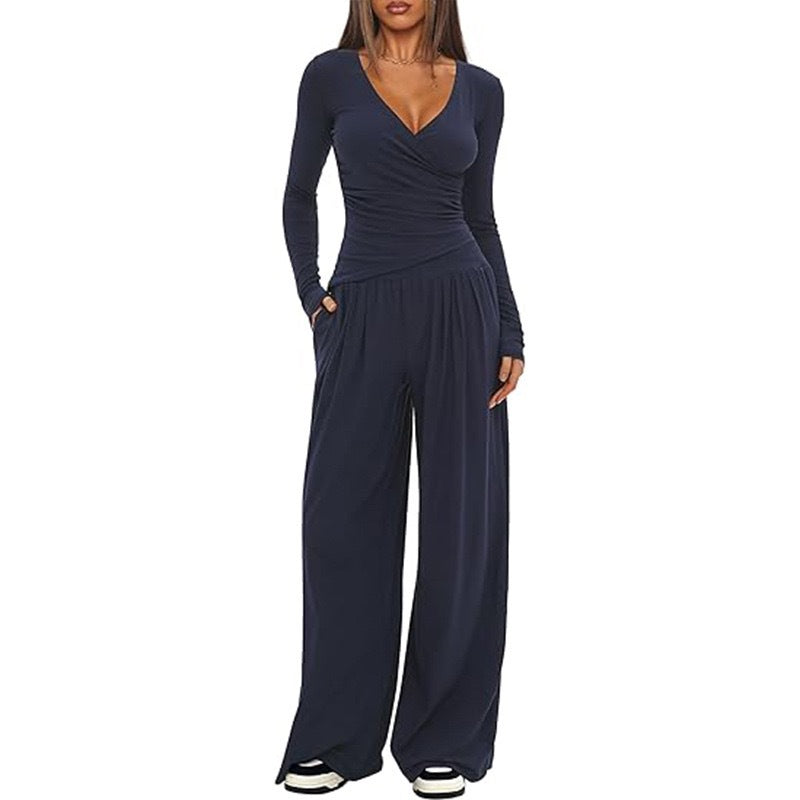 Women's 2 Piece V Neck Wide Leg Pants Lounge Set