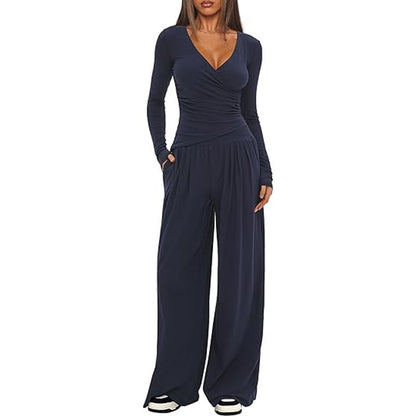Women's 2 Piece V Neck Wide Leg Pants Lounge Set
