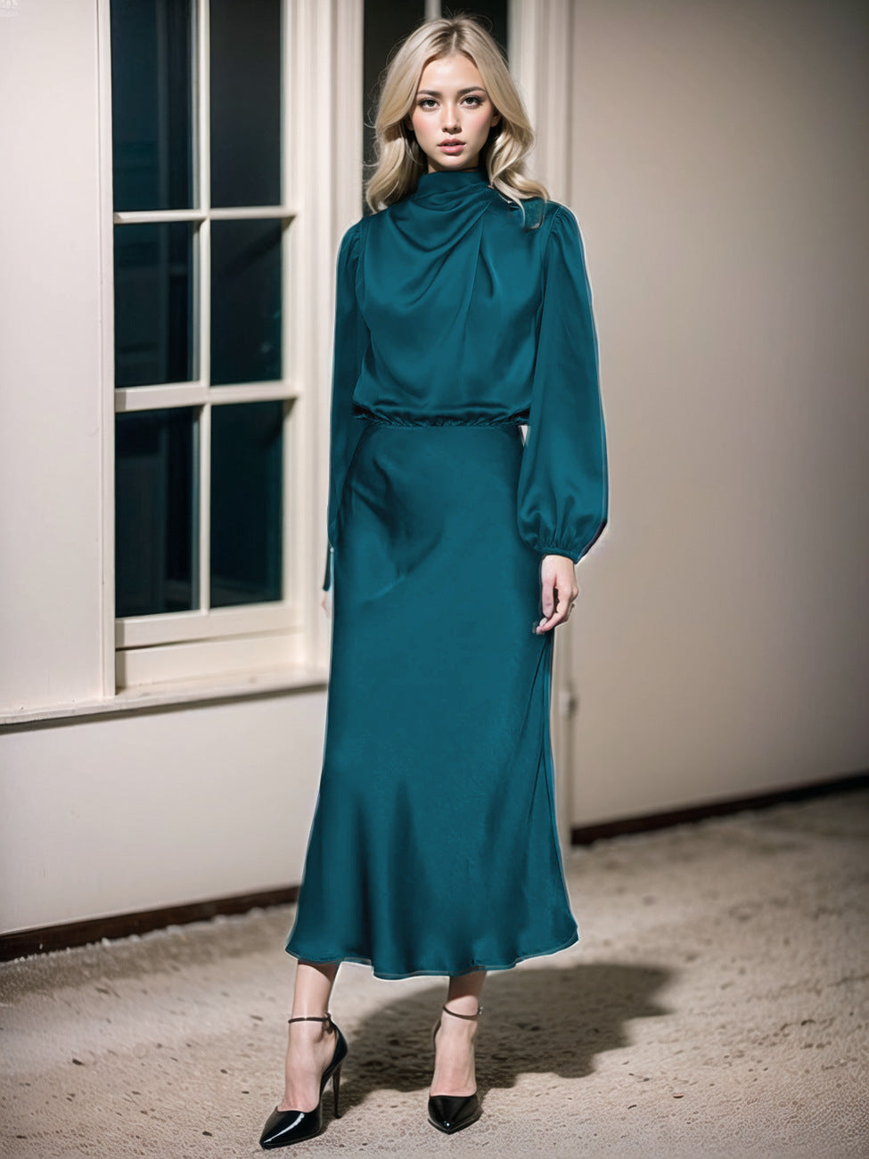 Elegant Satin Mock Neck Long Sleeve Midi Dress