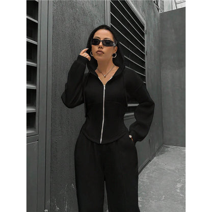 Fitted Zip Hoodie Wide Leg Sweatpants Two Piece Set