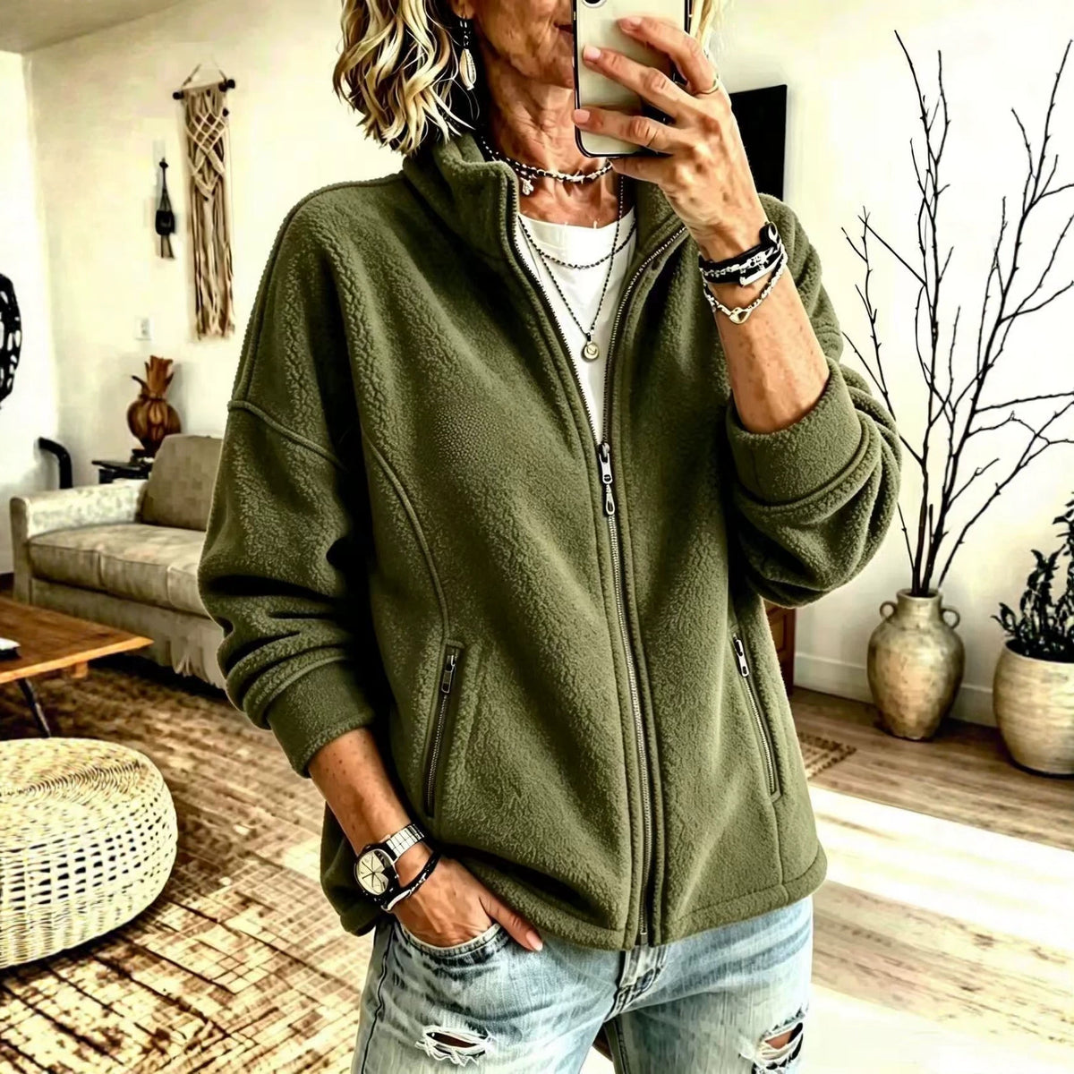 Women's Oversized Fleece Full Zip Jacket Stand Collar