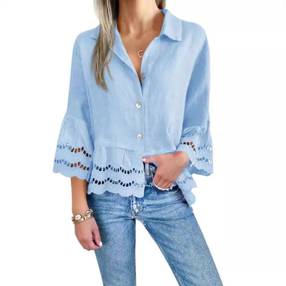 Women's Eyelet Lace Bell Sleeve Button Down Blouse