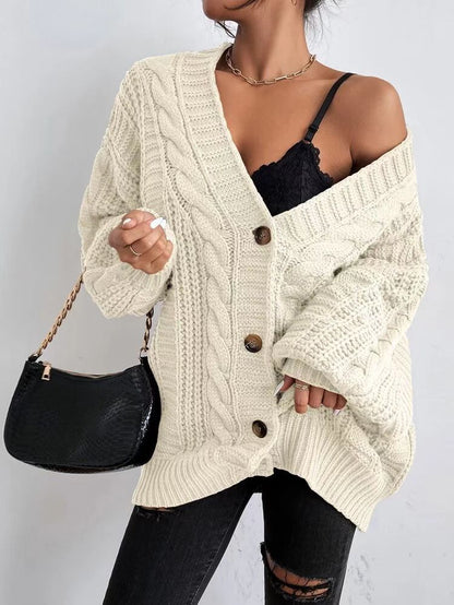 Oversized Cable Knit V-Neck Balloon Sleeve Cardigan