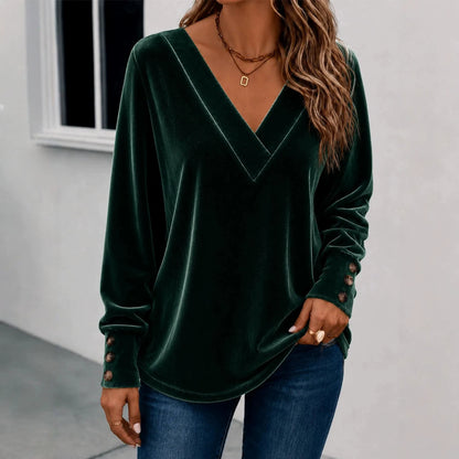 Women's V-Neck Velvet Long Sleeve Button Cuff Top