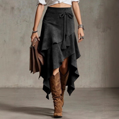 Western Faux Suede Asymmetrical Midi Skirt
