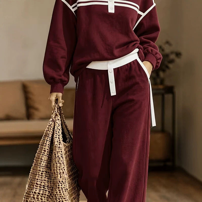 Women's Striped Polo Sweatshirt Wide Leg Pants Set