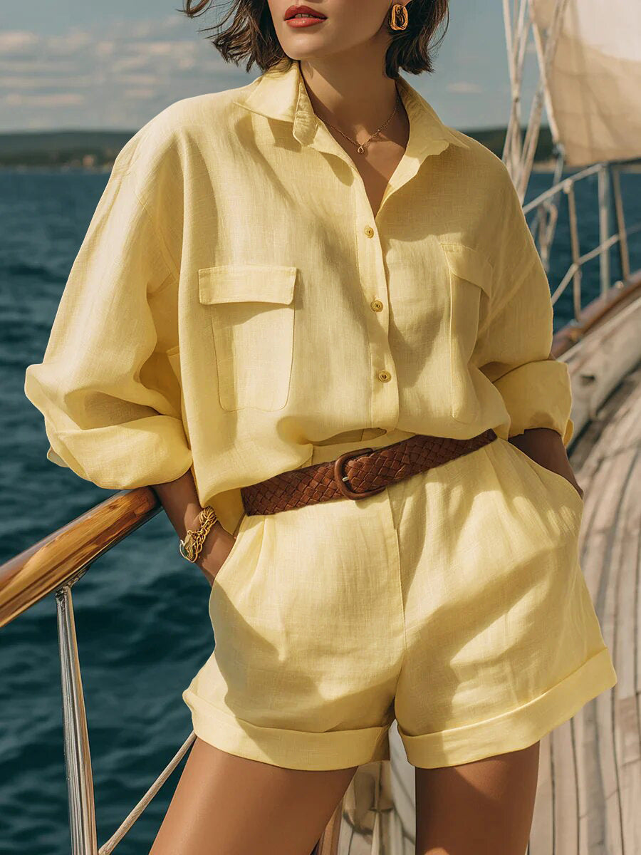 Women's 2 Piece Linen Shirt & Shorts Matching Set