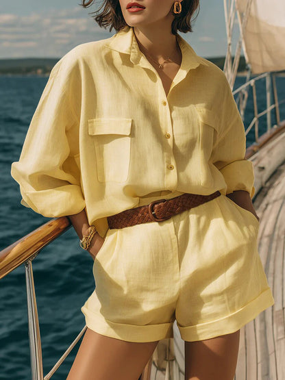 Women's 2 Piece Linen Shirt & Shorts Matching Set