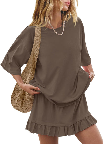 Women's Oversized Tee & Ruffle Mini Skirt Two Piece Set