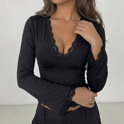 Lace Trim V Neck Long Sleeve Fitted Y2K Top