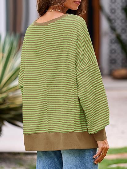 Oversized Waffle Knit Striped Crewneck Side Slit Pullover