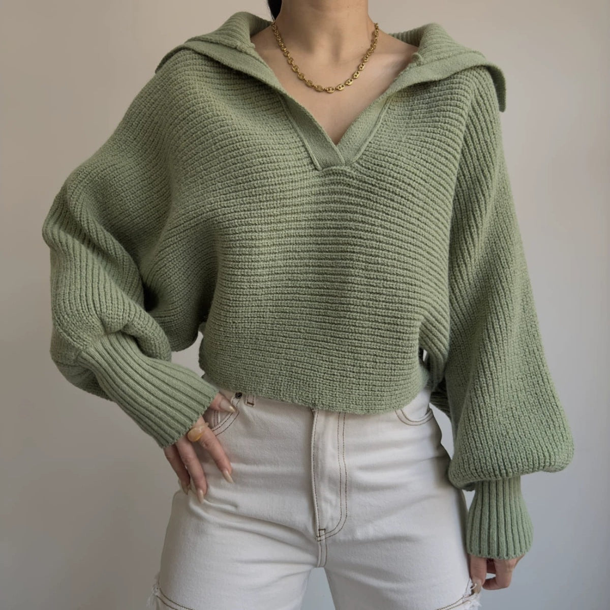 Oversized Collared V-Neck Knit Sweater Pullover