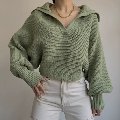 Oversized Collared V-Neck Knit Sweater Pullover