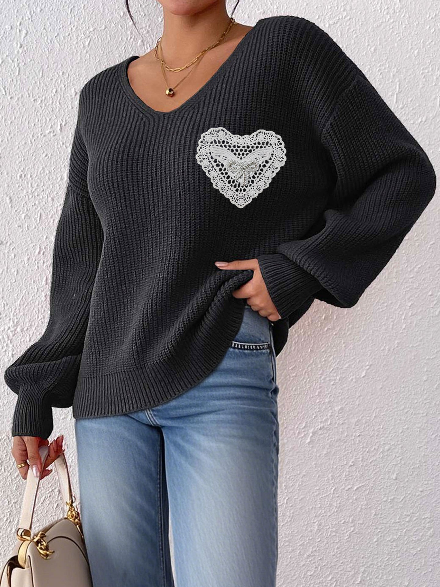 V Neck Knit Pullover Sweater with Lace Heart Detail