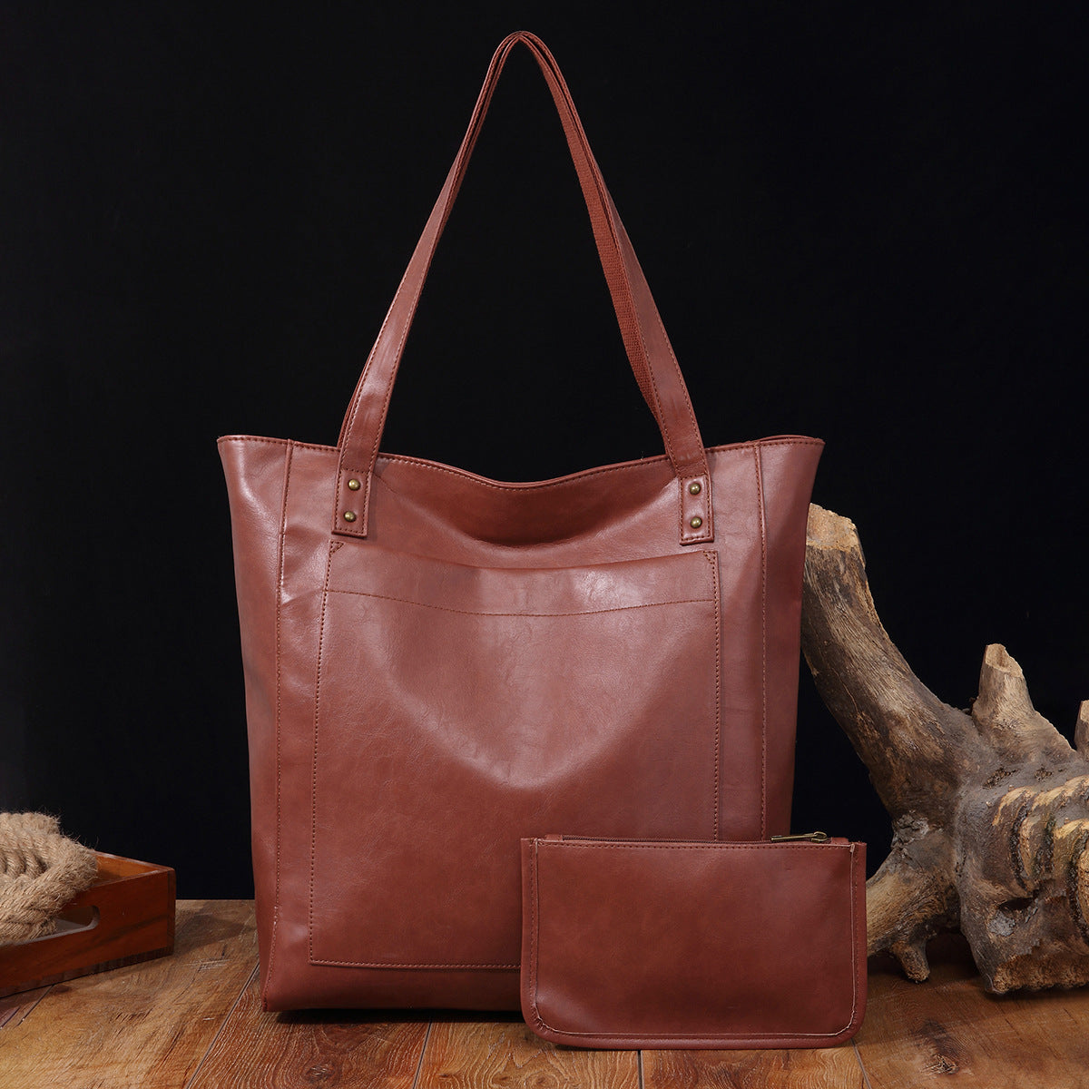 Vintage Soft Leather Tote Bag Set with Zip Pouch, Large Capacity