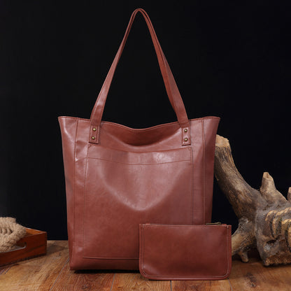 Vintage Soft Leather Tote Bag Set with Zip Pouch, Large Capacity