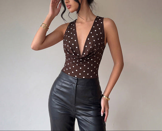 Polka Dot Bodysuit Halter Cowl Neck Slim Fit Top