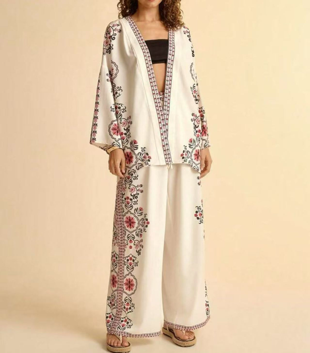 Women's Boho Kimono Cardigan Wide Leg Pants Matching Set