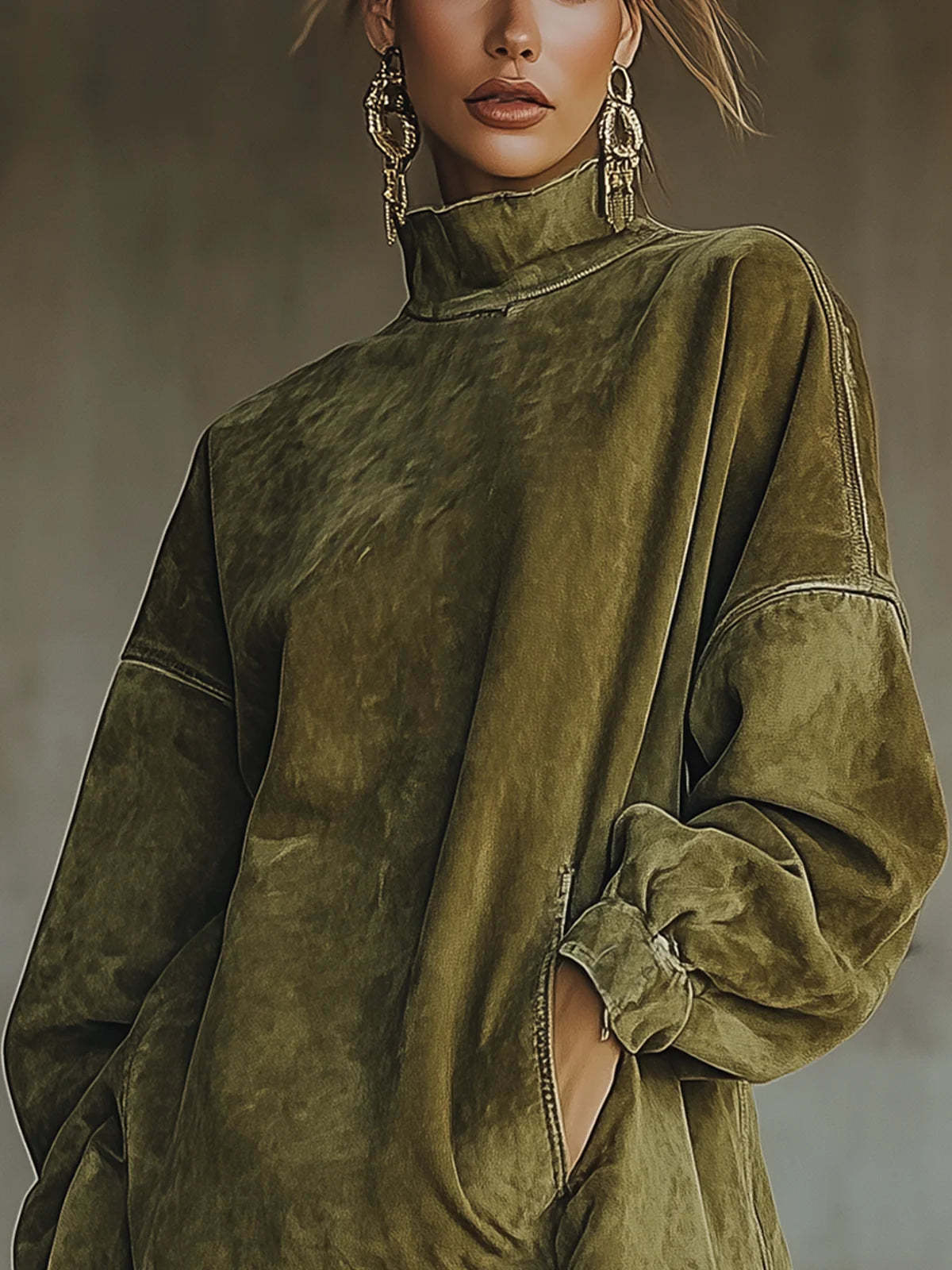 Oversized Mock Neck Suede Fringe Dress Pockets