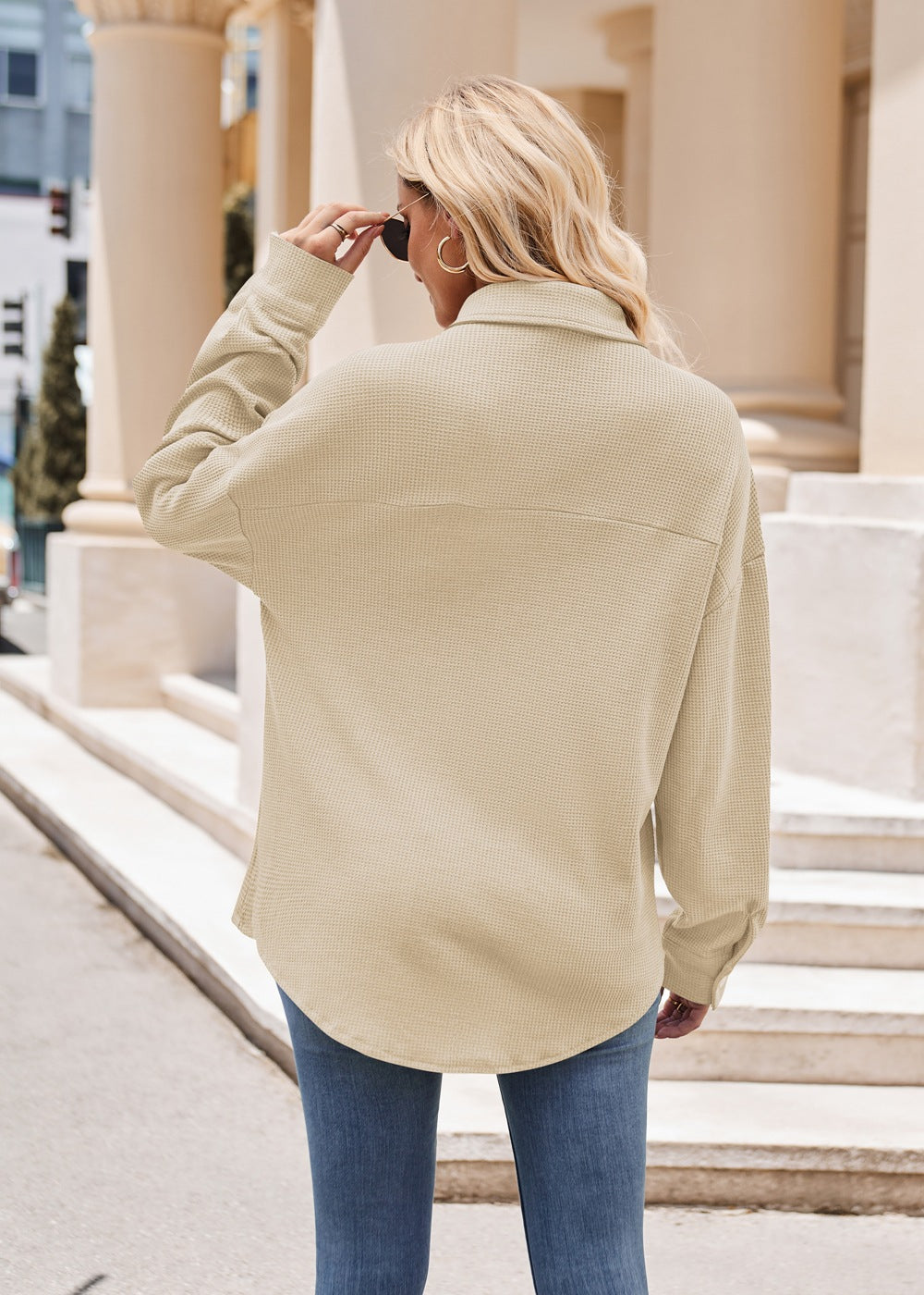 Women’s Casual Loose Fit Button Down Waffle Knit Shirt Jacket