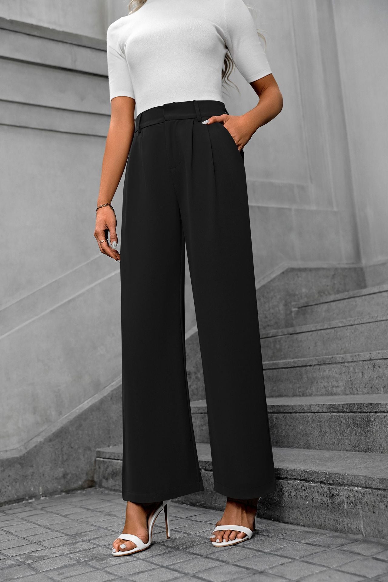 Women's High-Waist Wide-Leg Suit Pants - Elegant Office Trousers