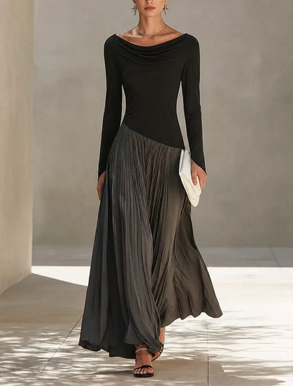 Cowl Neck Colorblock Long Sleeve Pleated Maxi Dress