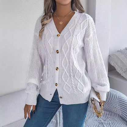 Fall Winter Cable Knit V Neck Lantern Sleeve Cardigan