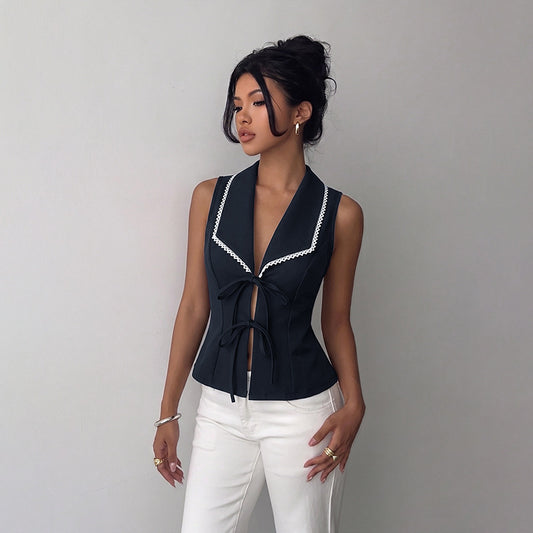 Elegant Lace Hollow Sleeveless Vest Slim Fit Top for Women