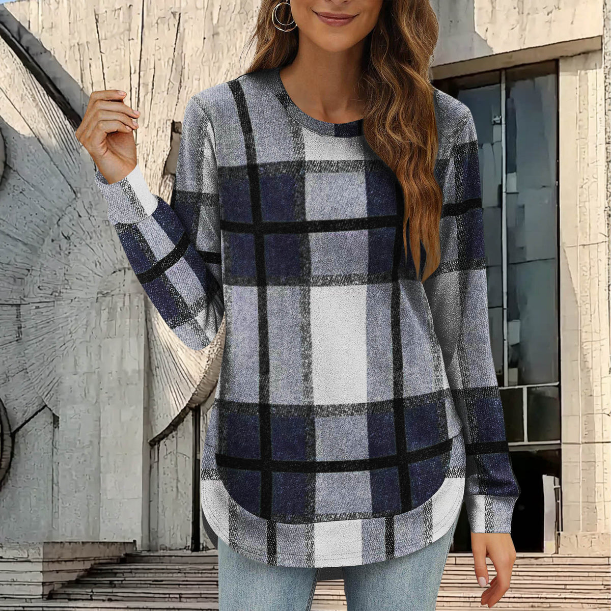 Women's Plaid Oversized Long Sleeve Crew Neck Tunic Top