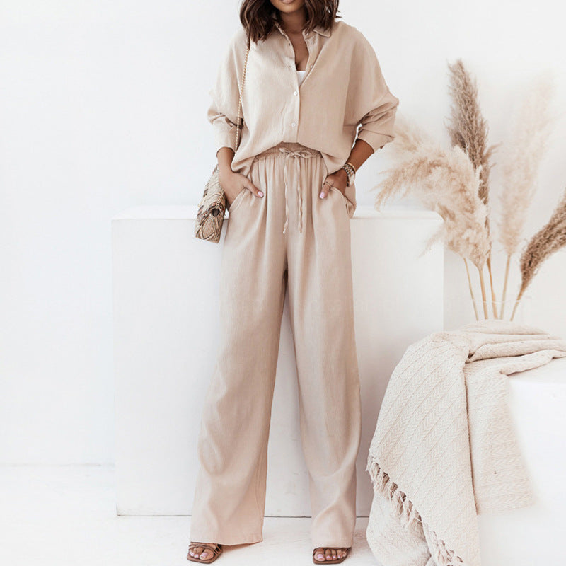 Women's Solid Shirt & Wide Leg Pants Lounge Set