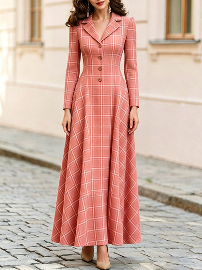 Elegant Plaid Blazer Dress Maxi Long Sleeve Button Front