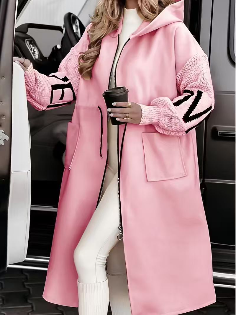 Women's Hooded Long Coat Knit Sleeve Patchwork Jacket