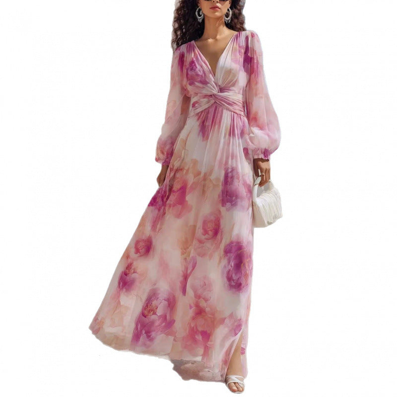 Pink Floral V-Neck Lantern Sleeve Maxi Dress