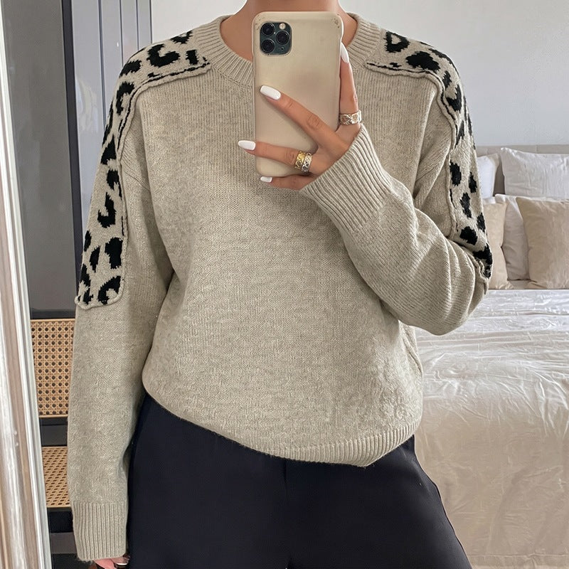 Oversized Leopard Patchwork Crew Neck Knit Sweater