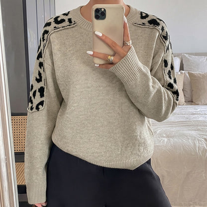 Oversized Leopard Patchwork Crew Neck Knit Sweater